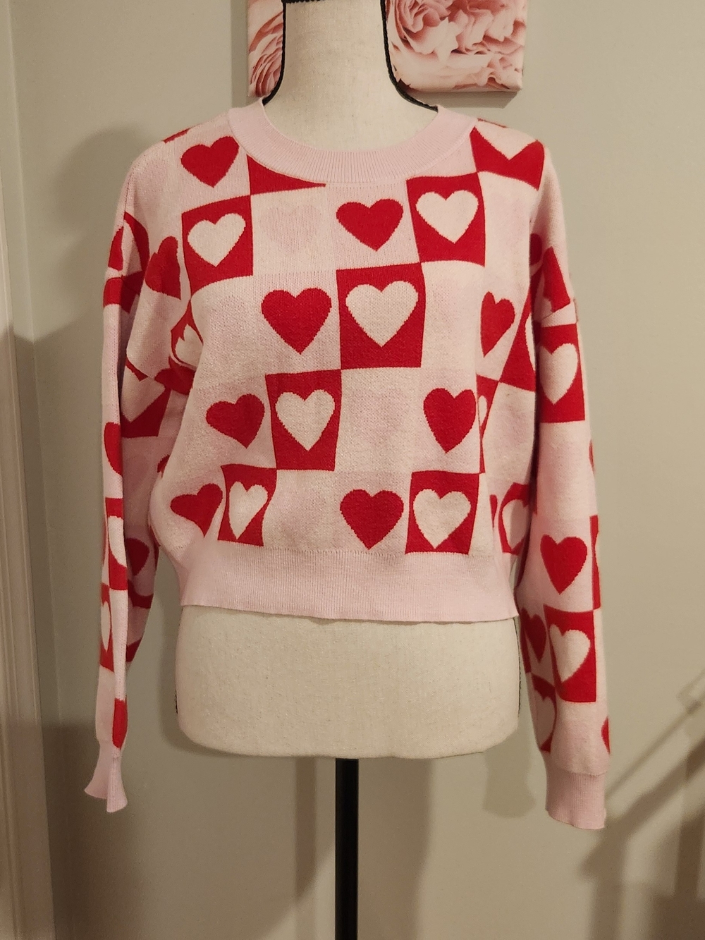 Pink & Red Heart-Print Crewneck Sweater